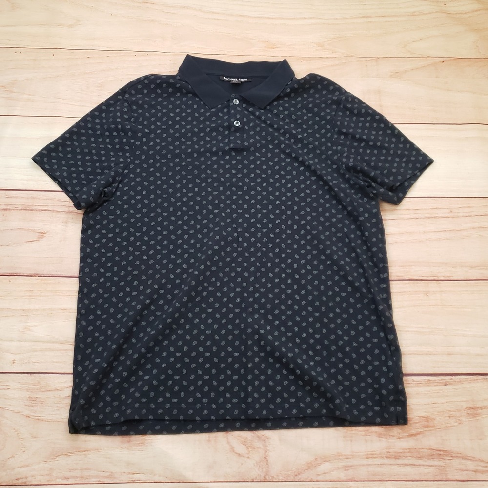 Michael Kors Polo Shirt Mens Large Navy Blue Micro Paisley Short Sleeve Adult